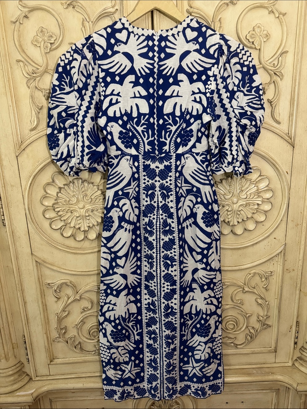 Farm Rio Jungle Scarf Puff Sleeve Cutout Linen Blend Dress In Navy Blue Size S - Picture 13 of 16